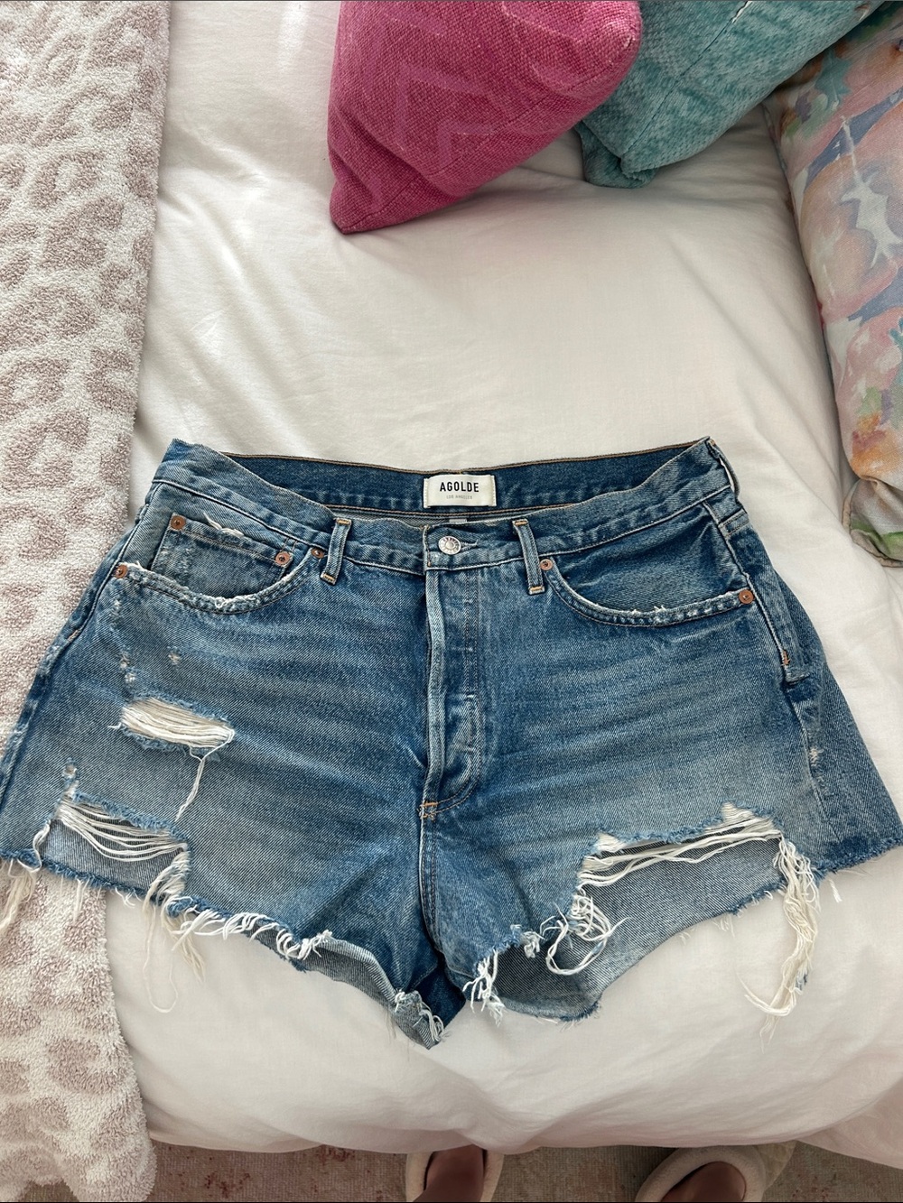 Agolde Parker Medium Blue Distressed Denim Cutoff Shorts